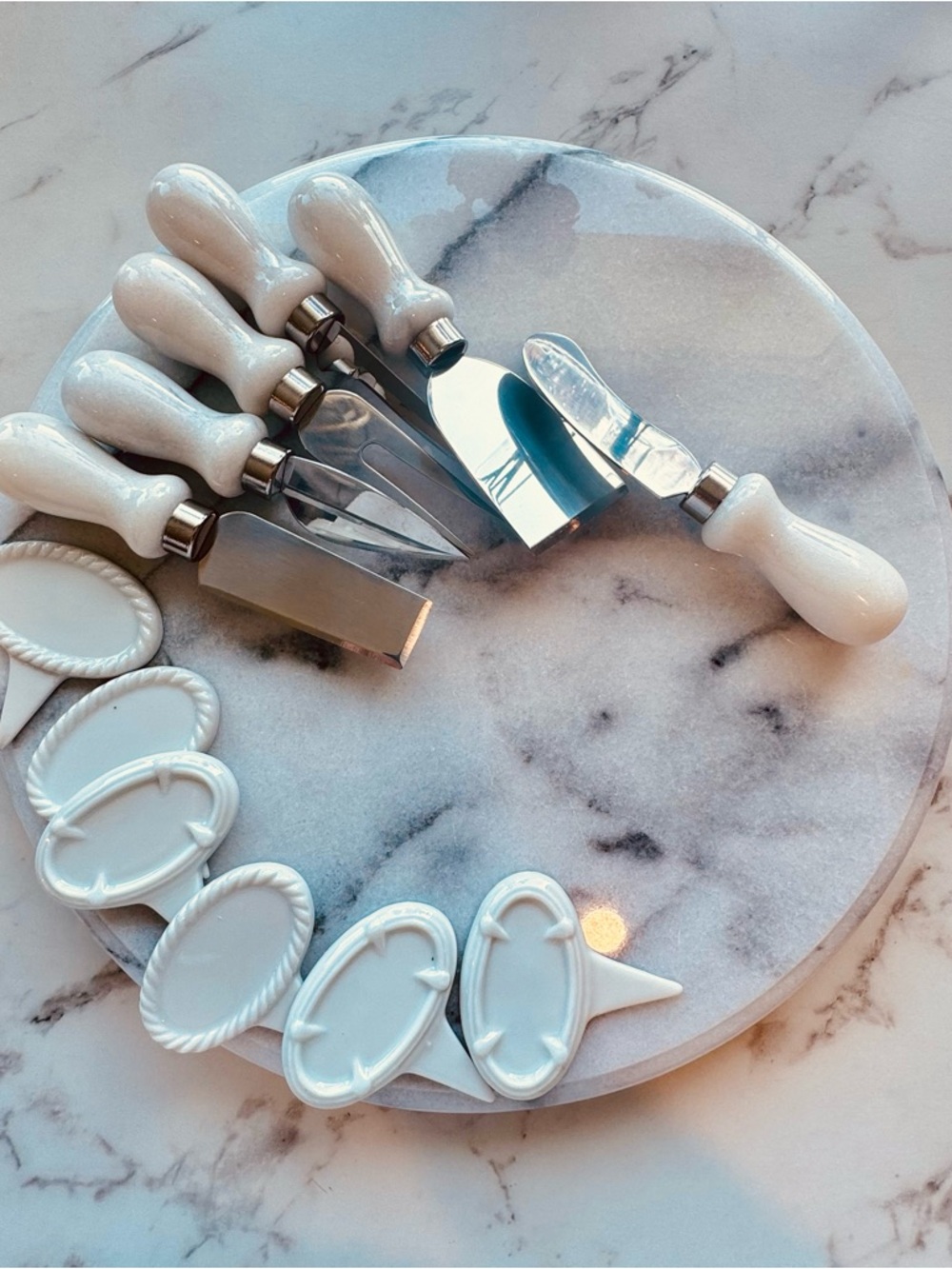 Marble Rotating Cheese Board with food tags & utensils